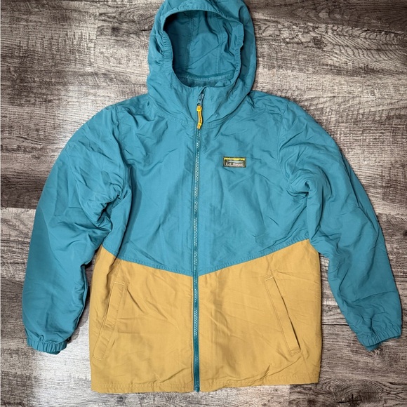Vintage 90s L.L. Bean Teal/Tan Color Block Hooded Windbreaker Jacket Large Kids